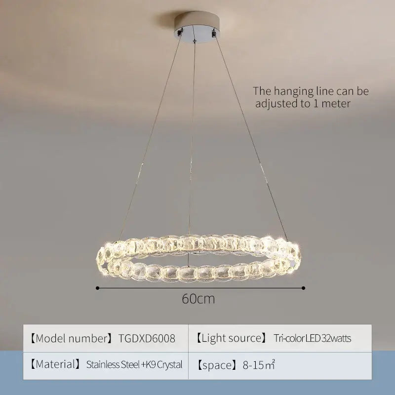 Modern spiral interlocking decorbites crystal chandelier with stainless steel frame and k9 crystal beads illuminated by tri-color led lights