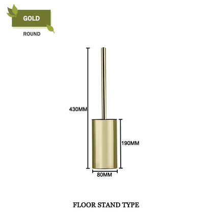 Gold-colored round floor stand toilet brush holder with sleek metallic finish in modern square and round toilet brush set