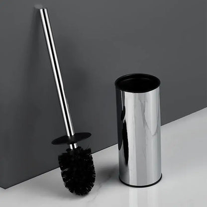 Modern chrome toilet brush set with black bristles and cylindrical holder for bathroom use in wall mount design