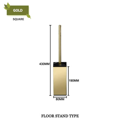 Modern gold toilet brush set with square floor stand and black base for stylish bathroom wall mount storage