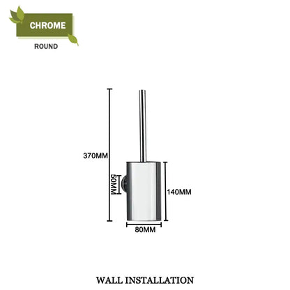 Modern round chrome toilet brush set with sleek cylindrical design and integrated wall-mounting bracket bathroom use