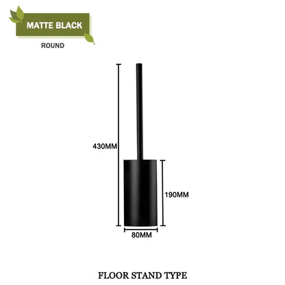 Matte black round floor stand toilet brush holder as part of a modern gold wall mount toilet brush set for bathroom use