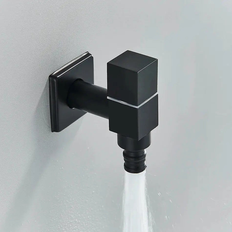 Modern square black brass wall mounted washing machine faucet with a black matte finish and silver accent by decorbites black brass