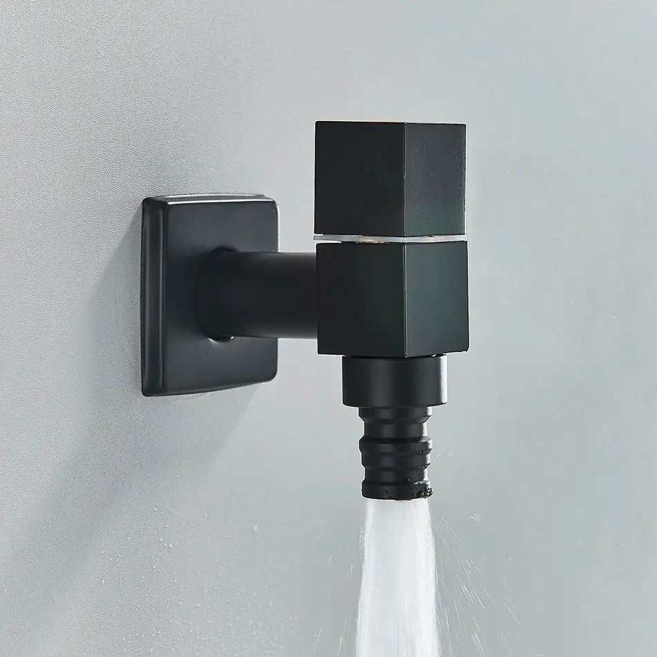 Modern square black brass wall mounted washing machine faucet with matte finish and threaded hose connection by decorbites black brass wall