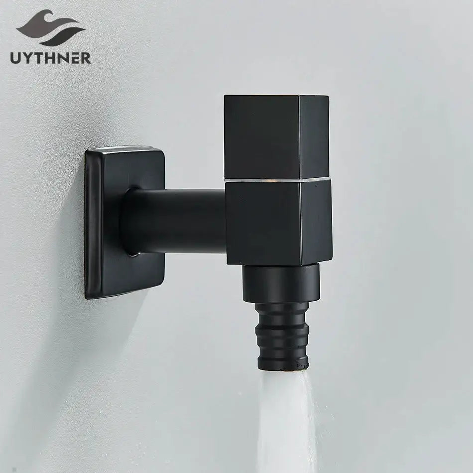 Modern square black brass wall mounted washing machine faucet with black matte finish and threaded hose connection by decorbites black brass wall
