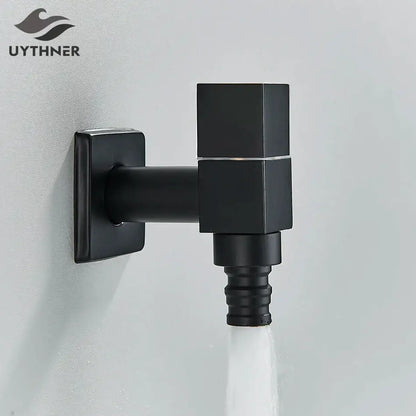 Modern square black brass wall mounted washing machine faucet with black matte finish and threaded hose connection by decorbites black brass wall