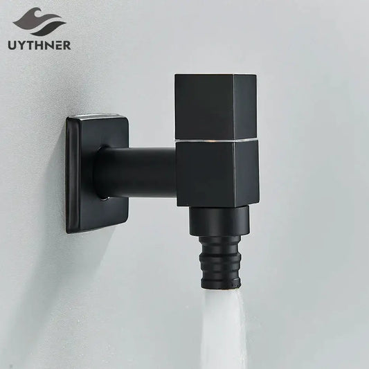 Modern square black brass wall mounted washing machine faucet with black matte finish and threaded hose connection