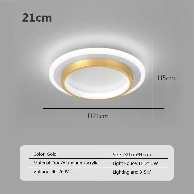 Modern square black led ceiling light with a gold circular two-ring design featuring an inner gold band and outer white acrylic ring