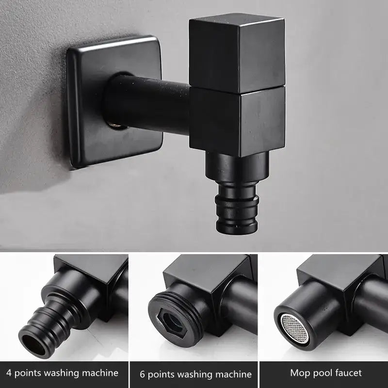 Modern square black wall mount washing machine tap with matte finish and three attachments for pool or garden use