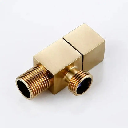Modern square brass black angle valve with gold-colored brass finish and threaded connections for bathroom water control