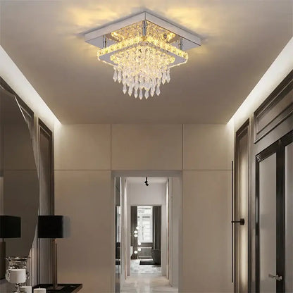 Modern square chrome crystal led ceiling light with metallic frame and clear crystals for bedroom chandelier