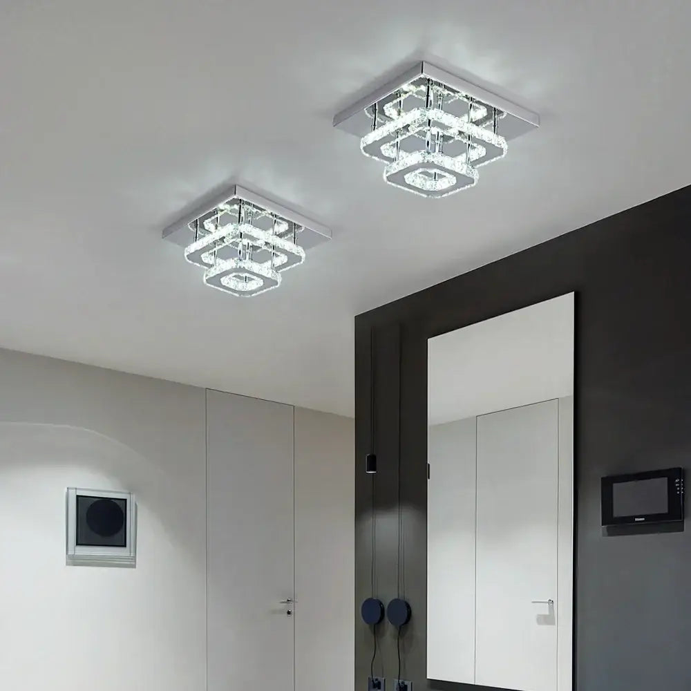 Modern square chrome ceiling light with layered crystal rings featuring crystal led ceiling design for bedroom chandelier