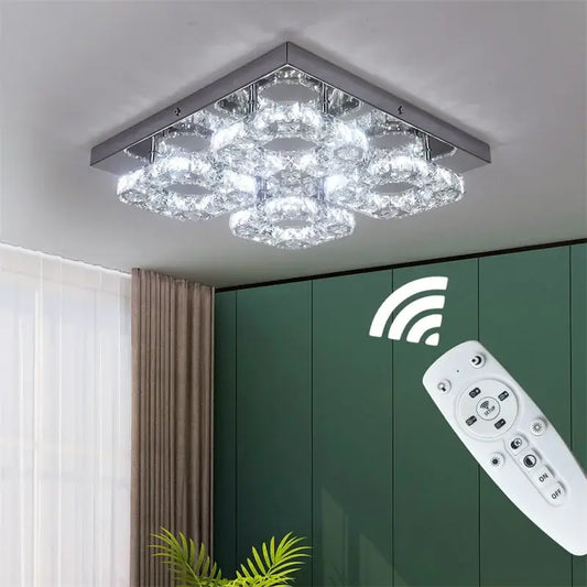 Modern square chrome led ceiling light featuring crystal rings for dimmable living room use