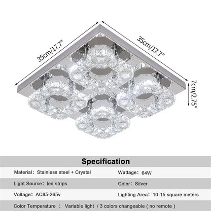Modern square chrome crystal led ceiling light fixture with silver accents and dimmable led ceiling strips for living room