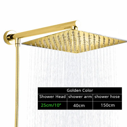 Modern square chrome rainfall shower head with arm and hose featuring decorbites bright chrome and water flow