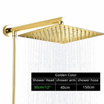 Modern square golden shower head with adjustable arm featuring decorbites bright chrome sleek design for bathroom use