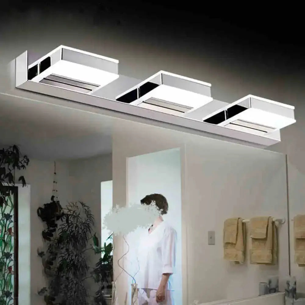 Modern square chrome stainless steel led vanity light with three illuminated panels for long lasting bathroom use