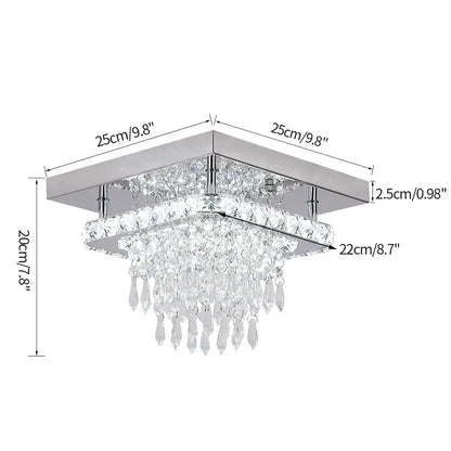 Modern square crystal flush mount ceiling light with chrome finish and cascading clear teardrop crystals for kitchen