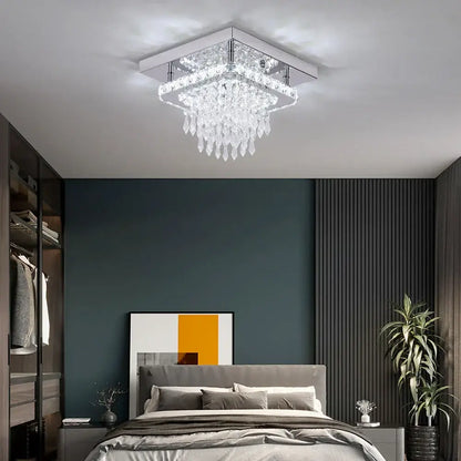 Modern square crystal flush mount ceiling light with sleek chrome frame and clear glass prisms for kitchen use