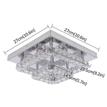 Modern square crystal flush mount ceiling light with layered crystal tiers and chrome accents for kitchen use