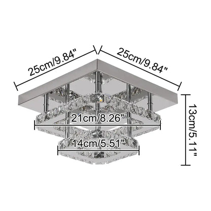 Modern square crystal flush mount ceiling light with layered crystal tiers and polished chrome finish for kitchens