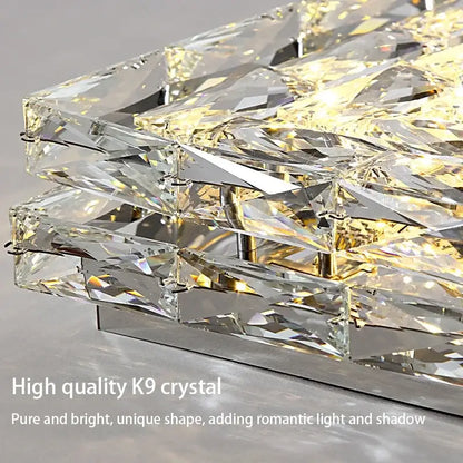 Modern square crystal led ceiling light with layered faceted k9 crystals in silver and chrome for bedroom use