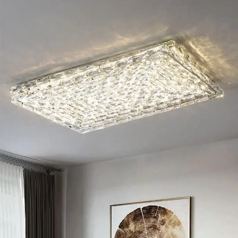 Modern square crystal led ceiling light with textured faceted surface in silver and chrome for bedroom use