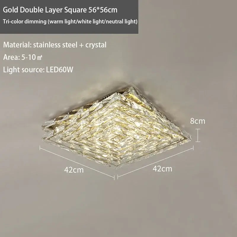 Gold double layer square led ceiling light with geometric crystal design and stainless steel frame for bedroom use