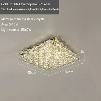 Gold double layer square led ceiling light with geometric crystal design and stainless steel frame for bedroom use