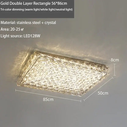 Gold double layer rectangular led ceiling light with textured crystal stainless steel design and tri-color dimming functionality