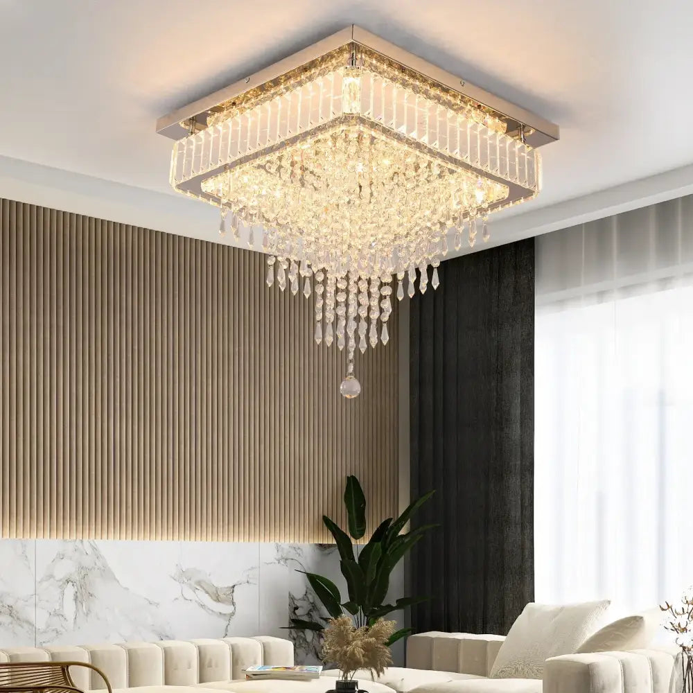 Modern square crystal led pendant chandelier with sleek metallic frame and cascading faceted crystals for dining room decorbites crystal led