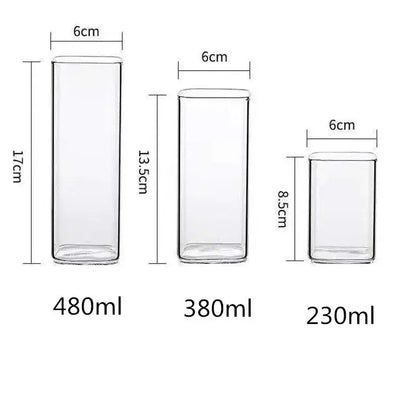 Three clear rectangular glass storage jars in varying sizes for modern glass coffee tea and coffee tea mug use