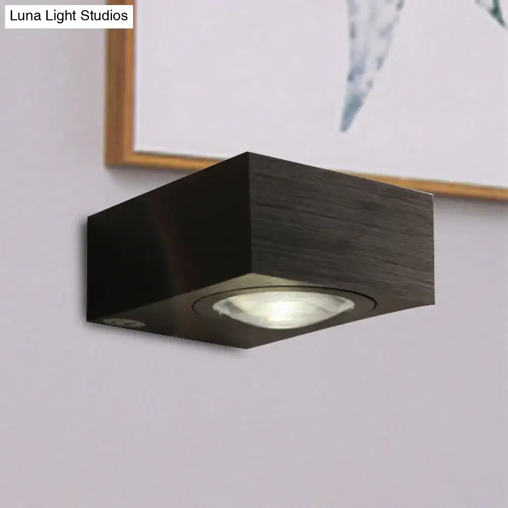 Black silver modern rectangular bedroom wall light with wood-grain finish and recessed circular led bulb