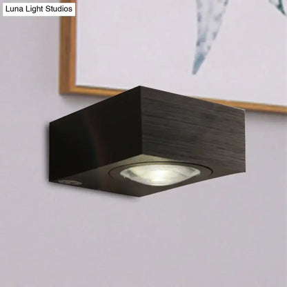 Black silver modern rectangular bedroom wall light with wood-grain finish and recessed circular led bulb