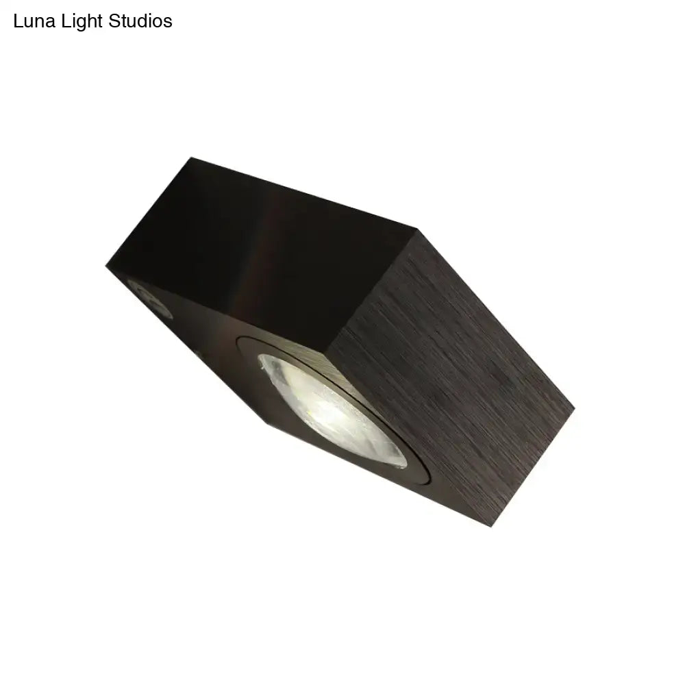 Modern square led bedroom wall light black silver with a black rectangular recessed matte wood-grain finish and frosted lens