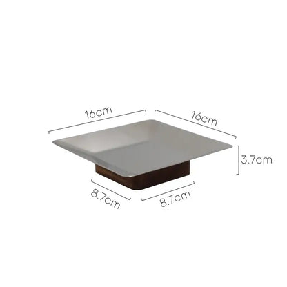 Modern square fruit bowl tray with sleek silver metallic top and dark brown wooden base measuring 16cm by 16cm