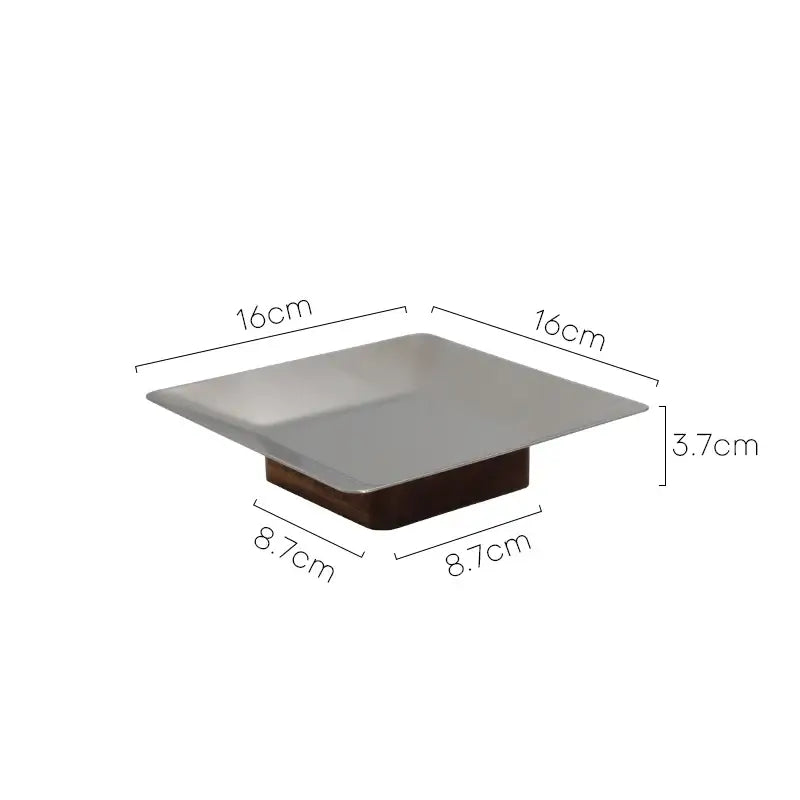 Modern square fruit bowl tray with sleek silver metallic top and dark brown wooden base measuring 16cm by 16cm