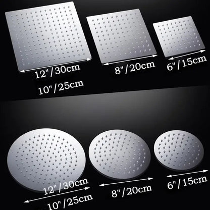 Silver chrome modern square rain shower head with perforated round and square panels for bathroom use