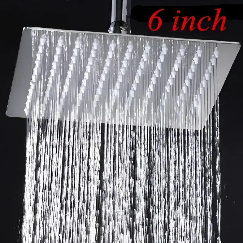 Six-inch square chrome rain shower head with multiple water jets for a modern square rain shower bathroom spa experience