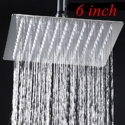 Six-inch square chrome rain shower head with multiple water jets for a modern square rain shower bathroom spa experience
