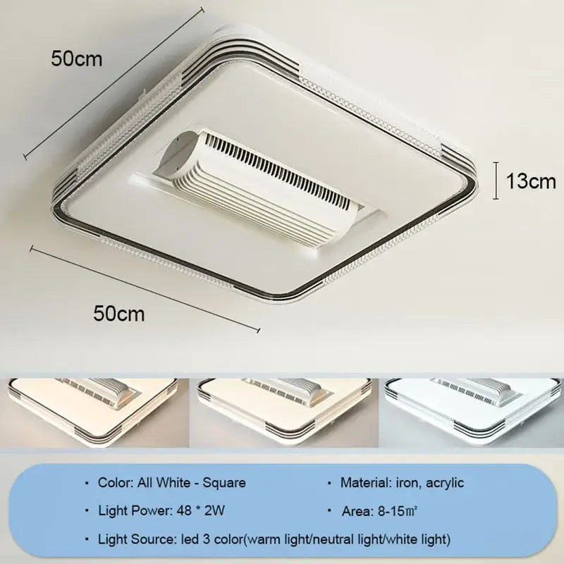 A sleek white modern square ceiling fan light with iron and acrylic construction for bedroom use