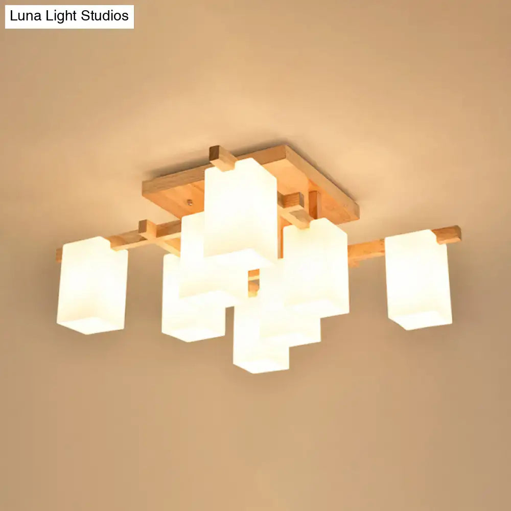 DecorBites modern wood living room semi flush mount chandelier with frosted white glass shade in a square design