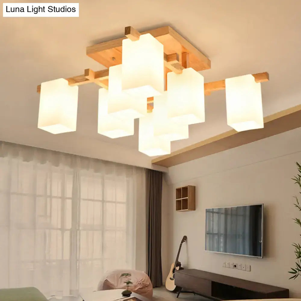 Modern wood semi flush mount chandelier with white glass shade and natural wood frame for living room lighting