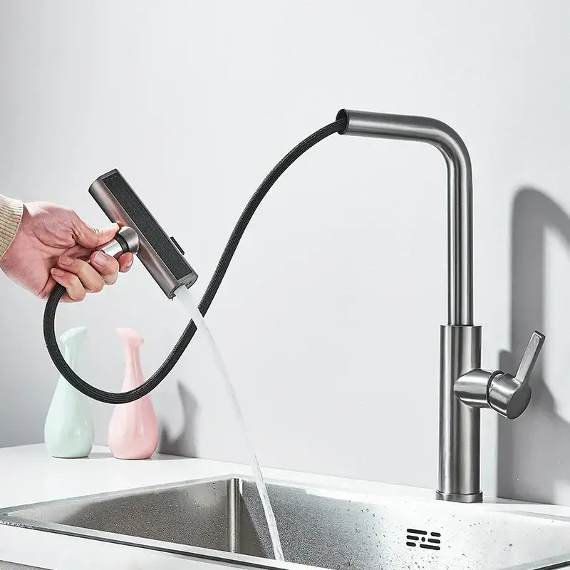Modern stainless steel kitchen faucet mixer tap with brushed finish flexible black hose and pull-out spray head functions kitchen faucet