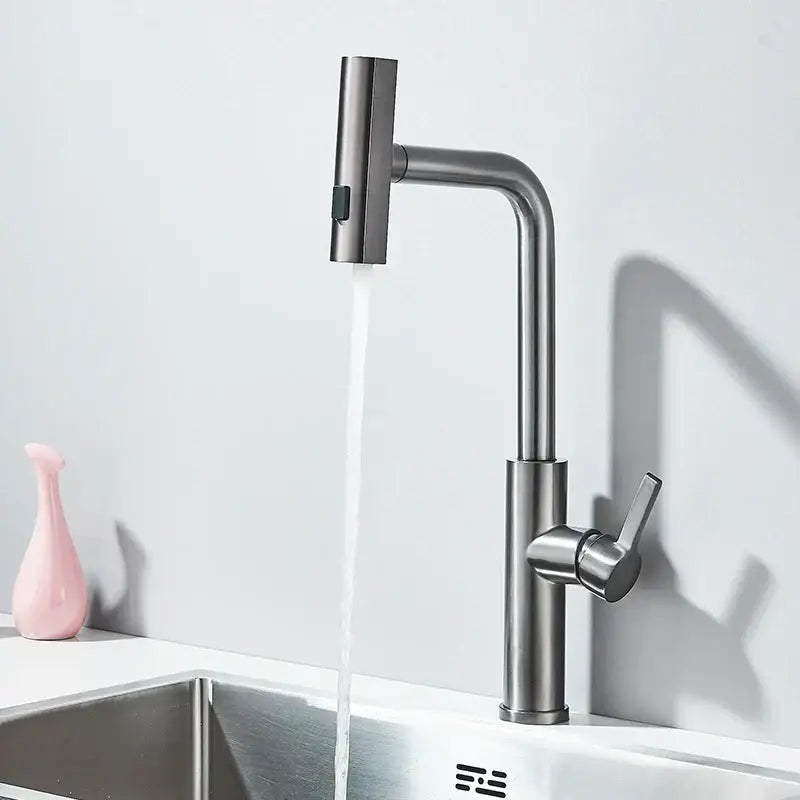 Modern matte black stainless steel kitchen faucet mixer tap with sleek minimalist design and pull-down spray head functions