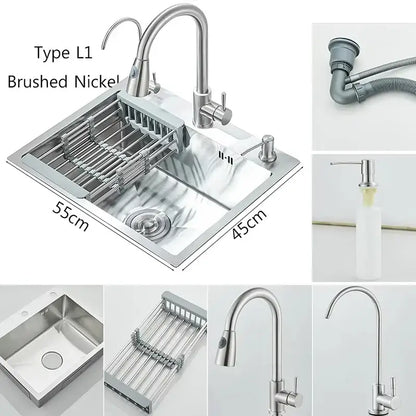 Modern stainless steel 55x45cm kitchen sink kit in brushed nickel with integrated dish rack and faucet