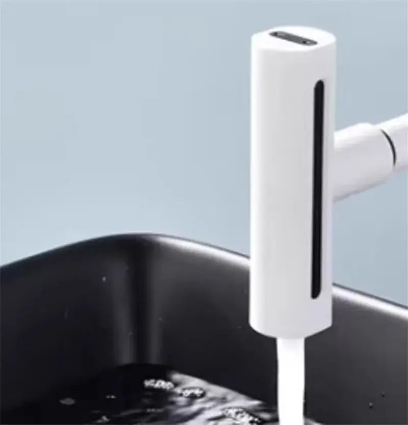 White cylindrical electric water heater attachment with usb port designed for kitchen faucet replacement spouts use