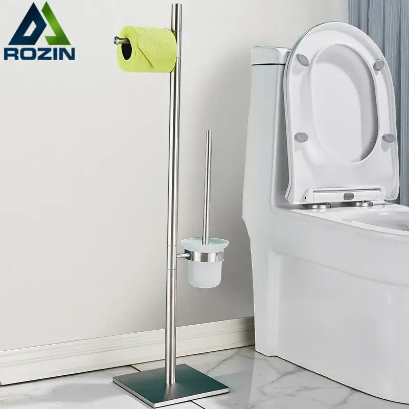 Modern stainless steel bathroom set with brush rack and paper holder featuring lime green toilet paper roll