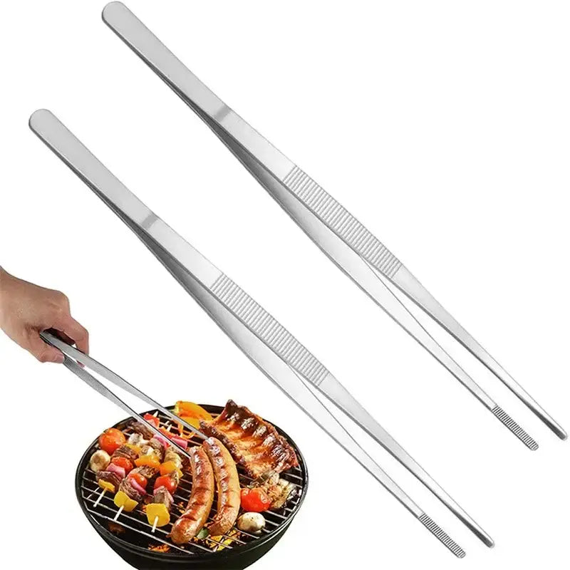 A pair of sleek stainless steel bbq tongs with textured grip ridges for enhanced churrasco cooking and grilling experience