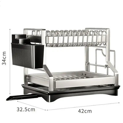 Modern stainless steel and black plastic two-tier dish drying rack with curved wire holders for kitchen storage rack